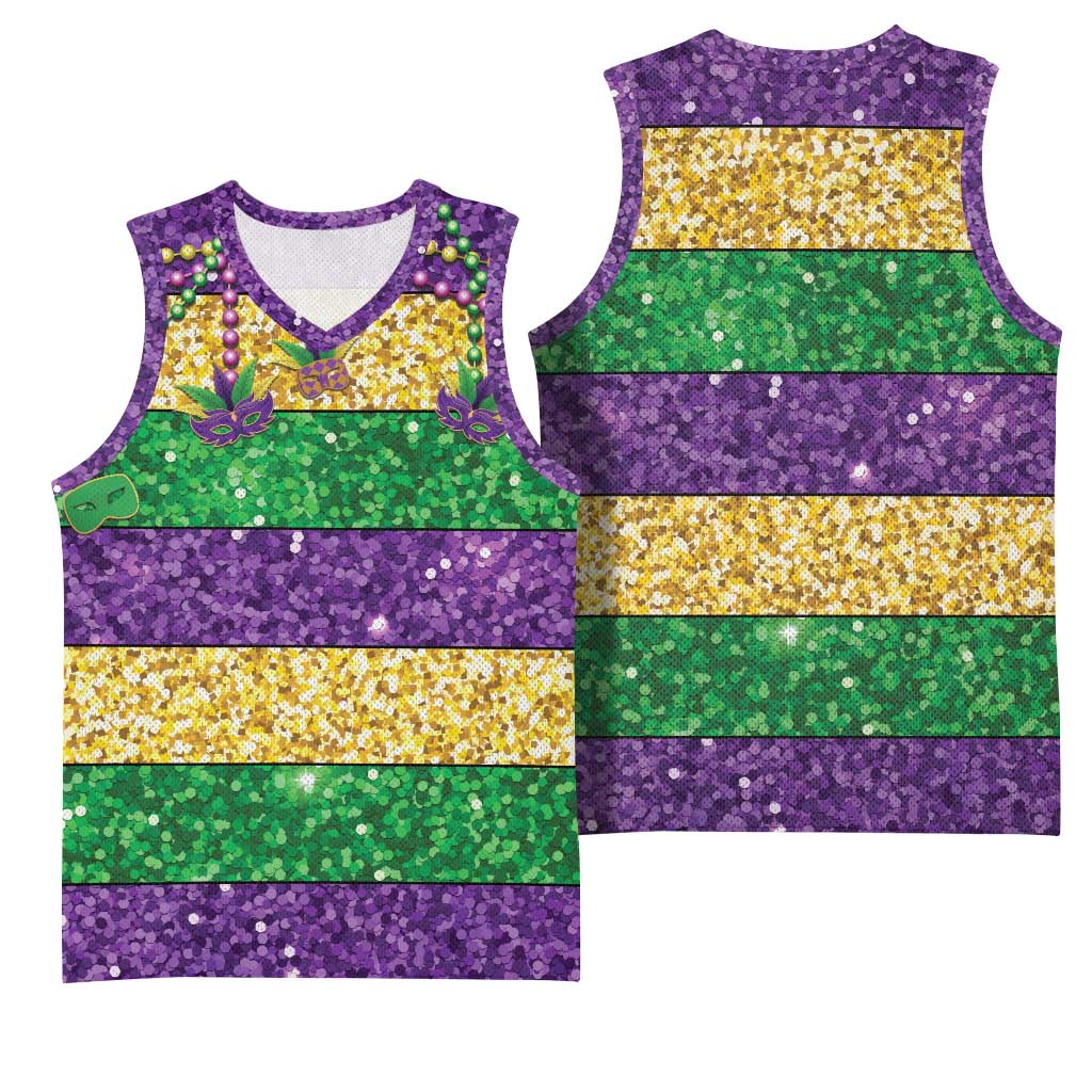 Mardi Gras Stripes Basketball Jersey Carnival Beads & Masks