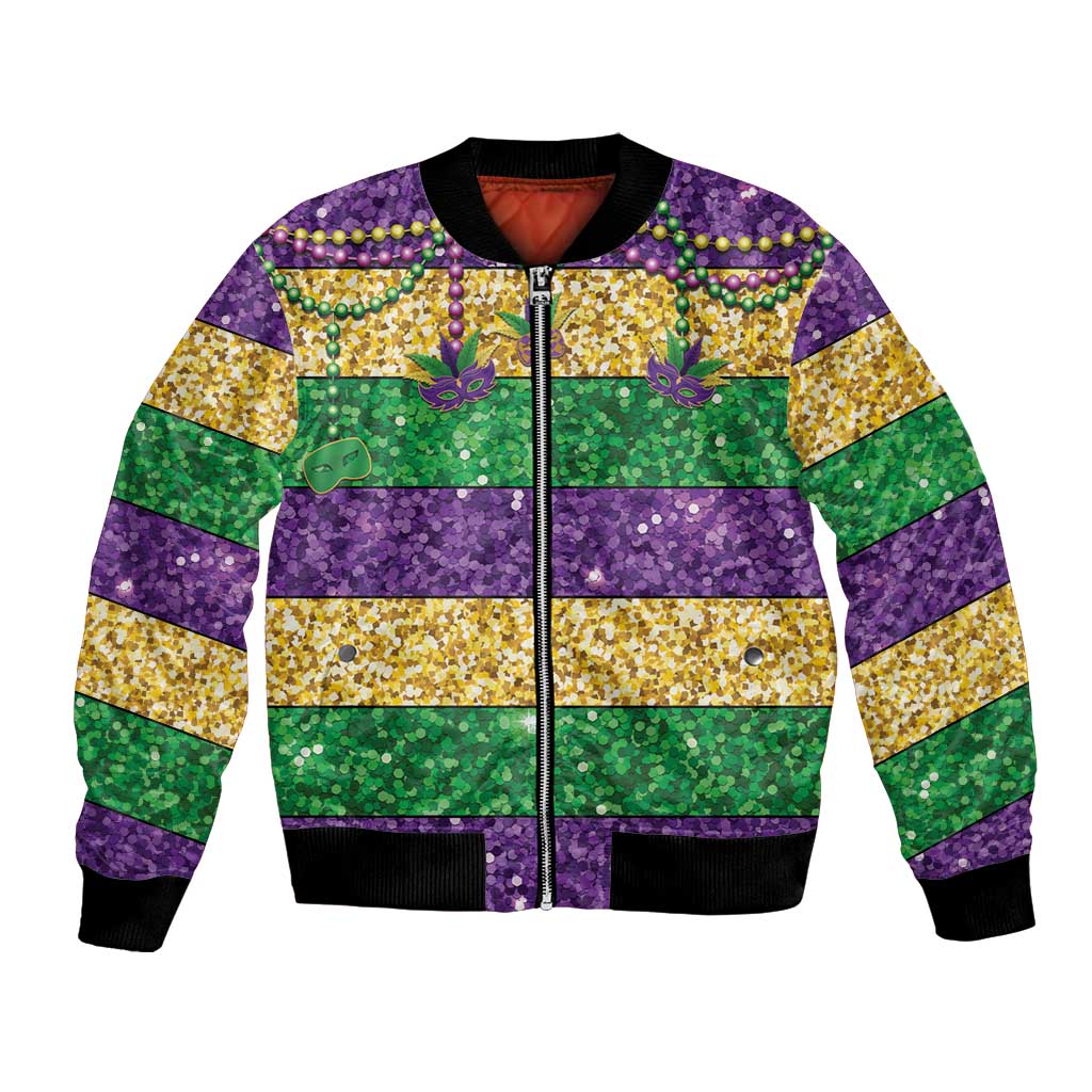 Mardi Gras Stripes Bomber Jacket Carnival Beads & Masks