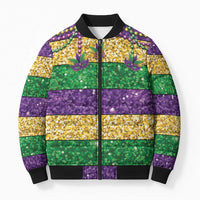 Mardi Gras Stripes Bomber Puffer Jacket Carnival Beads & Masks