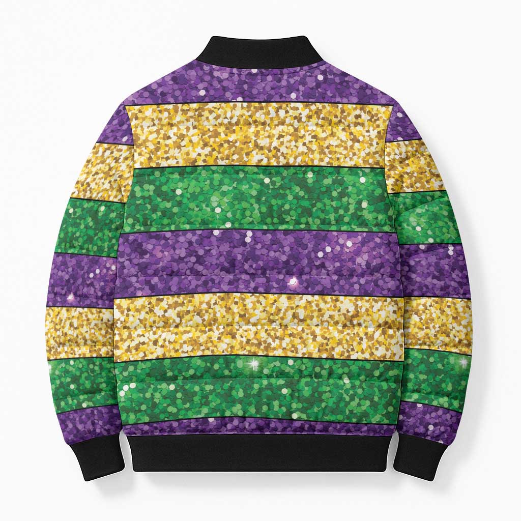 Mardi Gras Stripes Bomber Puffer Jacket Carnival Beads & Masks