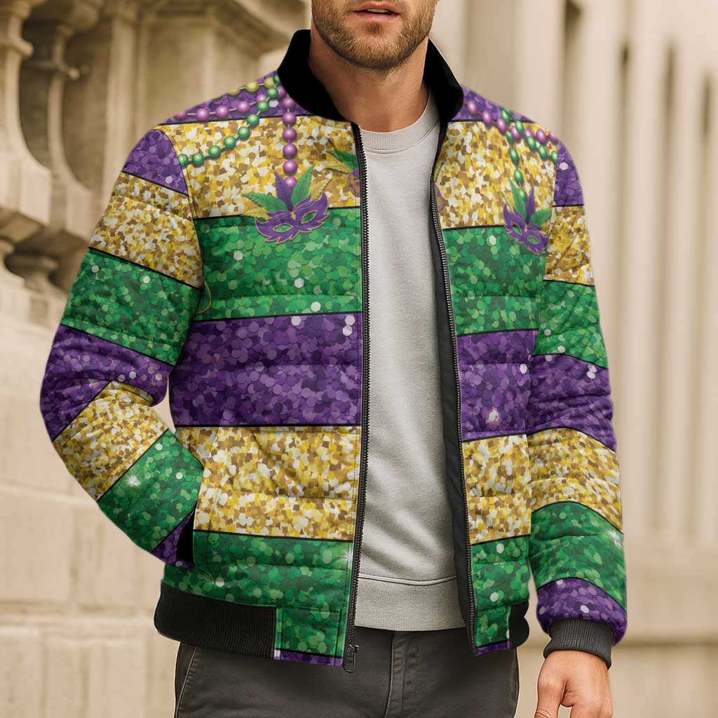 Mardi Gras Stripes Bomber Puffer Jacket Carnival Beads & Masks