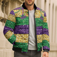 Mardi Gras Stripes Bomber Puffer Jacket Carnival Beads & Masks