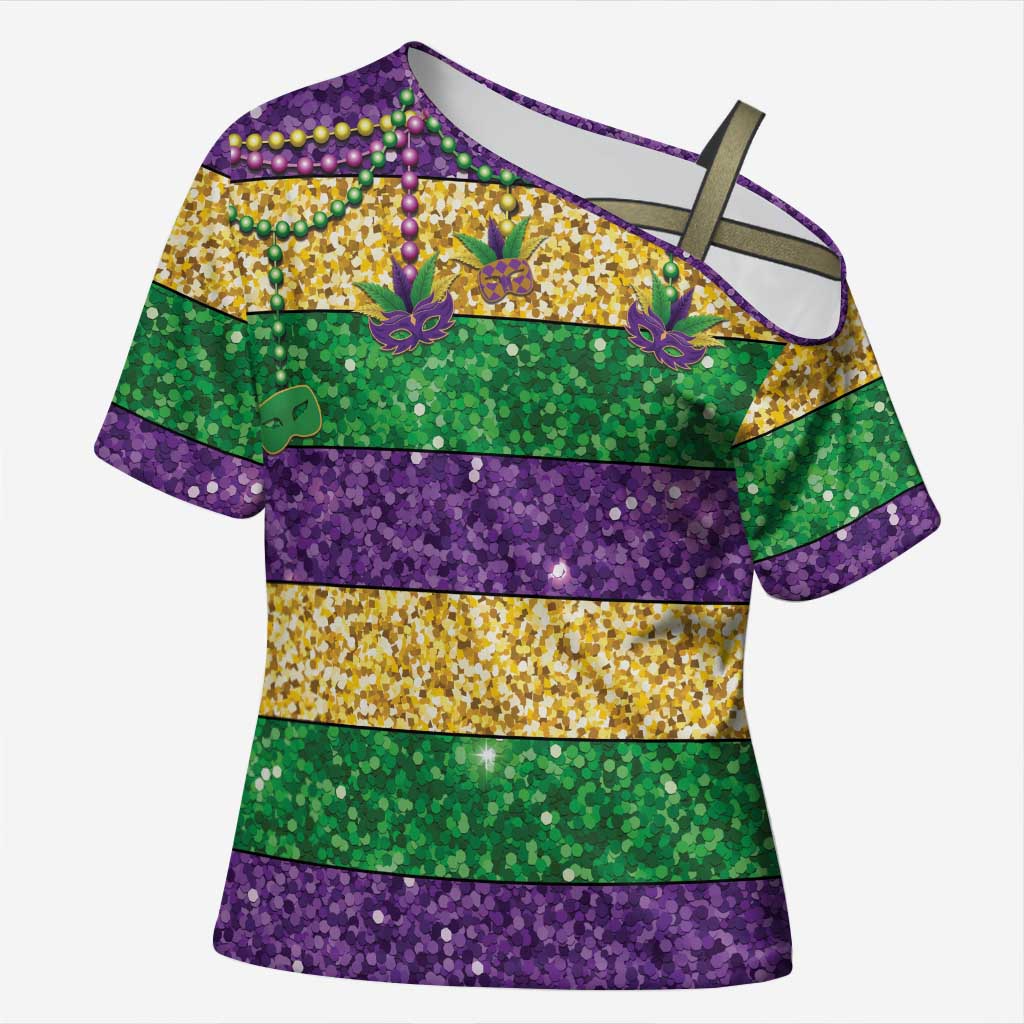 Mardi Gras Stripes Cross Shoulder Shirt Carnival Beads & Masks