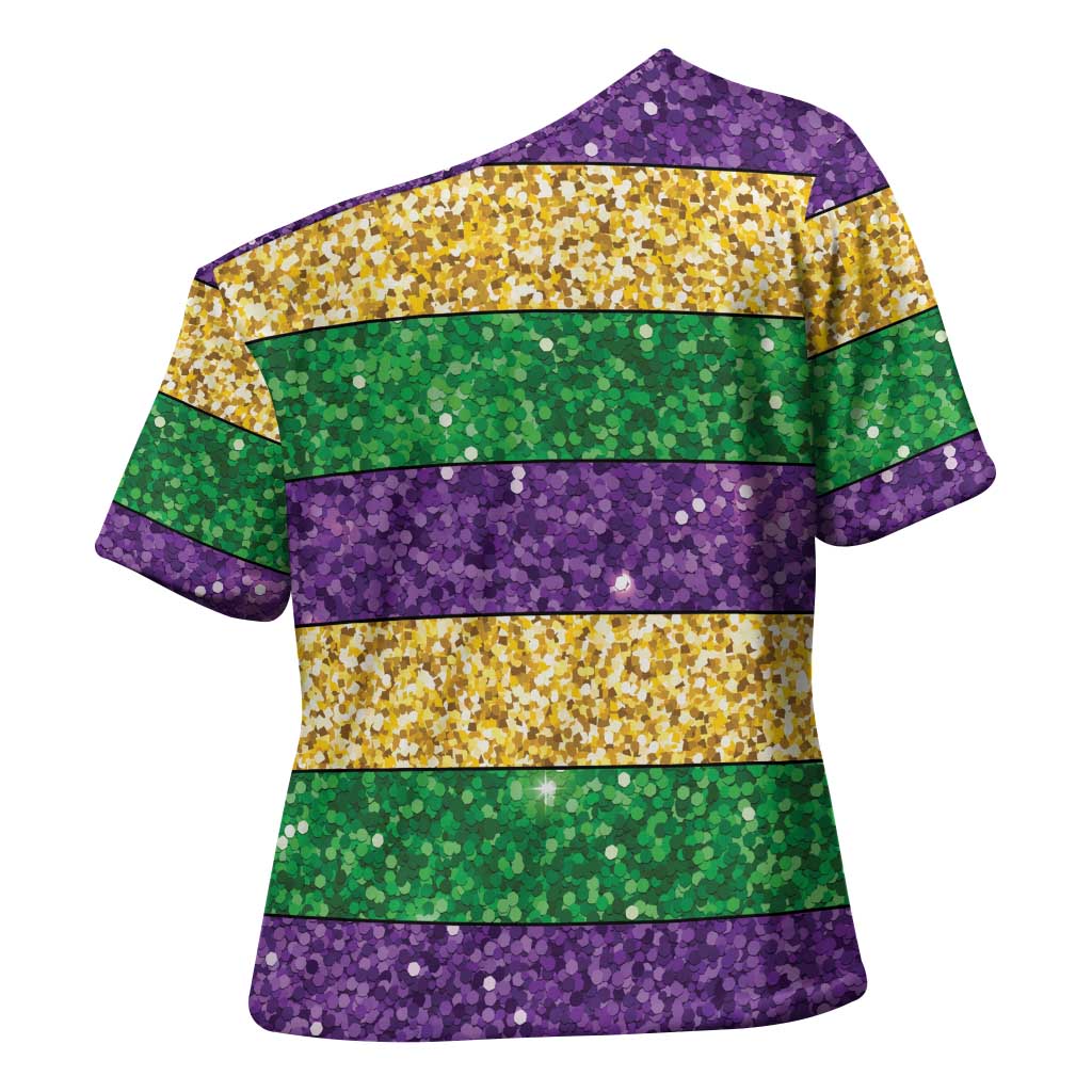 Mardi Gras Stripes Cross Shoulder Shirt Carnival Beads & Masks
