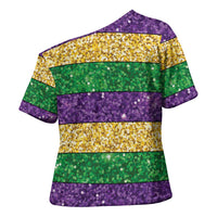 Mardi Gras Stripes Cross Shoulder Shirt Carnival Beads & Masks
