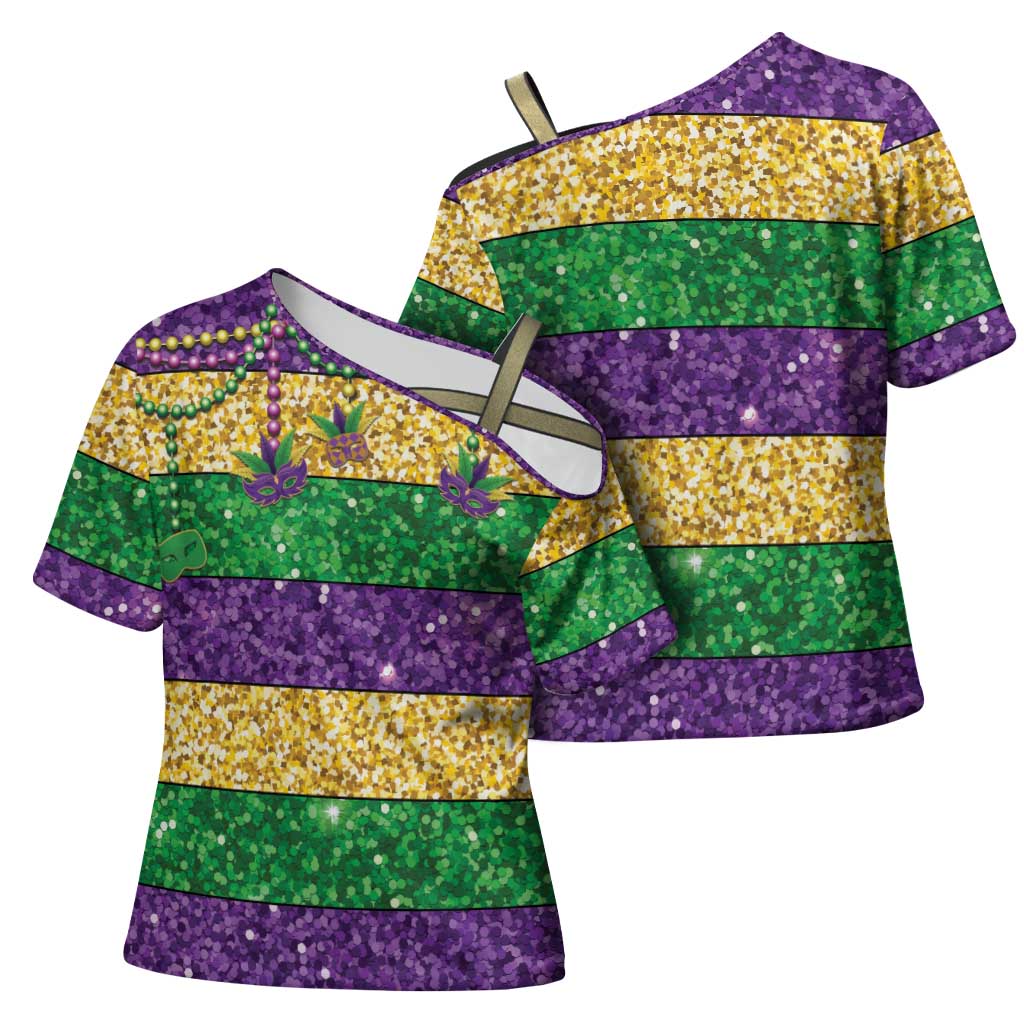 Mardi Gras Stripes Cross Shoulder Shirt Carnival Beads & Masks