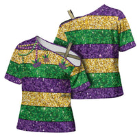 Mardi Gras Stripes Cross Shoulder Shirt Carnival Beads & Masks