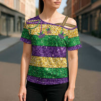 Mardi Gras Stripes Cross Shoulder Shirt Carnival Beads & Masks