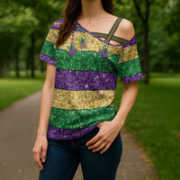 Mardi Gras Stripes Cross Shoulder Shirt Carnival Beads & Masks