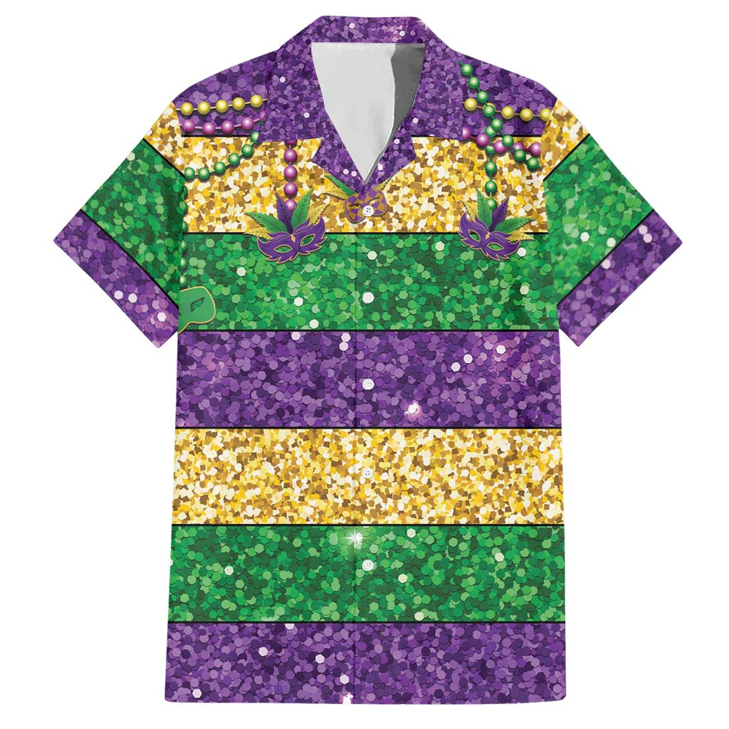 Mardi Gras Stripes Hawaiian Shirt Carnival Beads & Masks