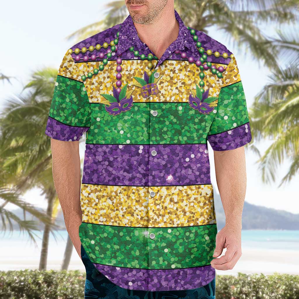 Mardi Gras Stripes Hawaiian Shirt Carnival Beads & Masks