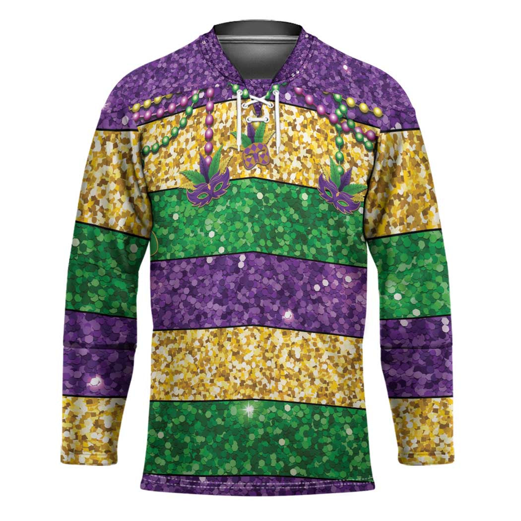 Mardi Gras Stripes Hockey Jersey Carnival Beads & Masks