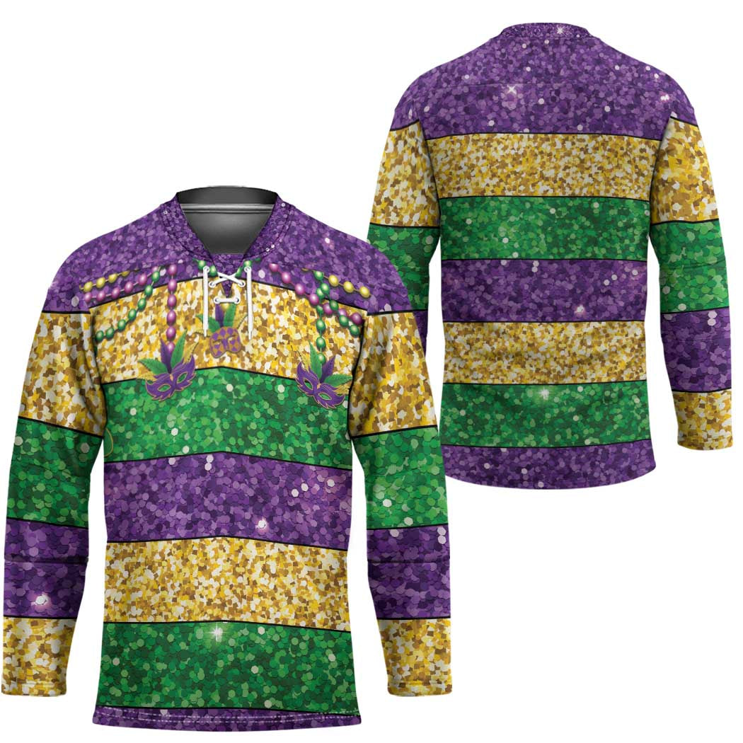 Mardi Gras Stripes Hockey Jersey Carnival Beads & Masks