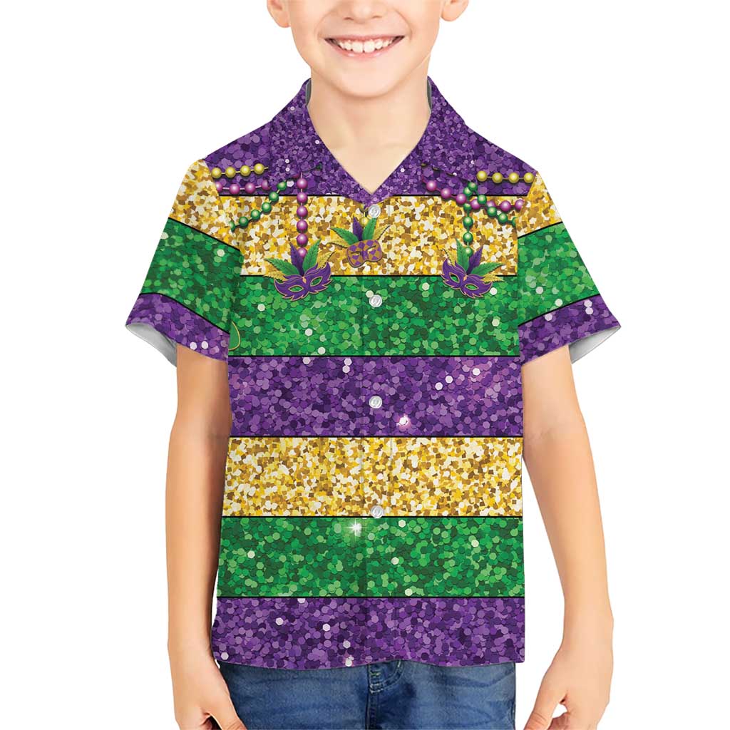 Mardi Gras Stripes Kid Hawaiian Shirt Carnival Beads & Masks