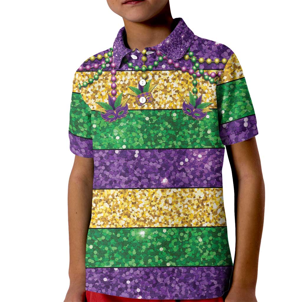 Mardi Gras Stripes Kid Polo Shirt Carnival Beads & Masks