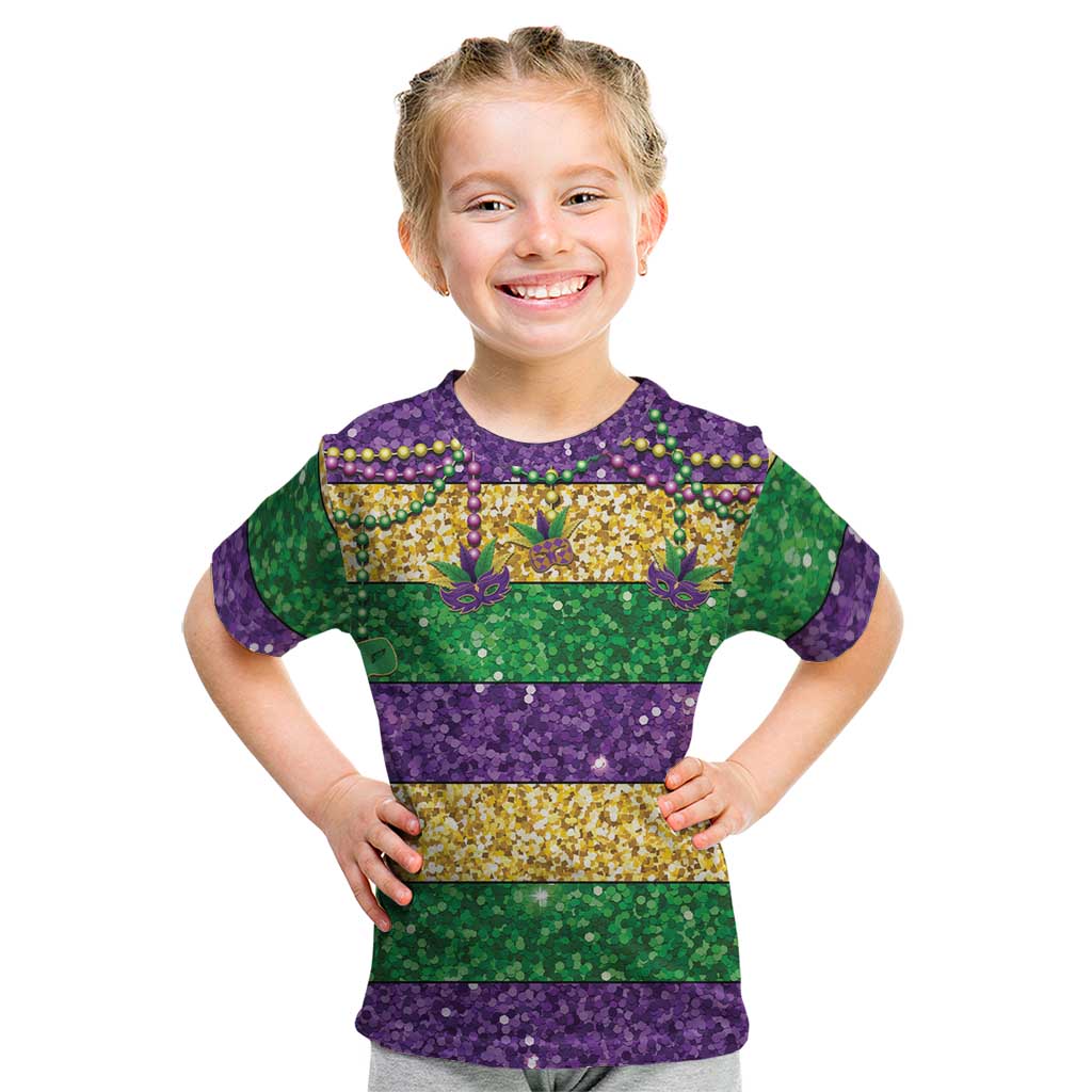 Mardi Gras Stripes Kid T Shirt Carnival Beads & Masks