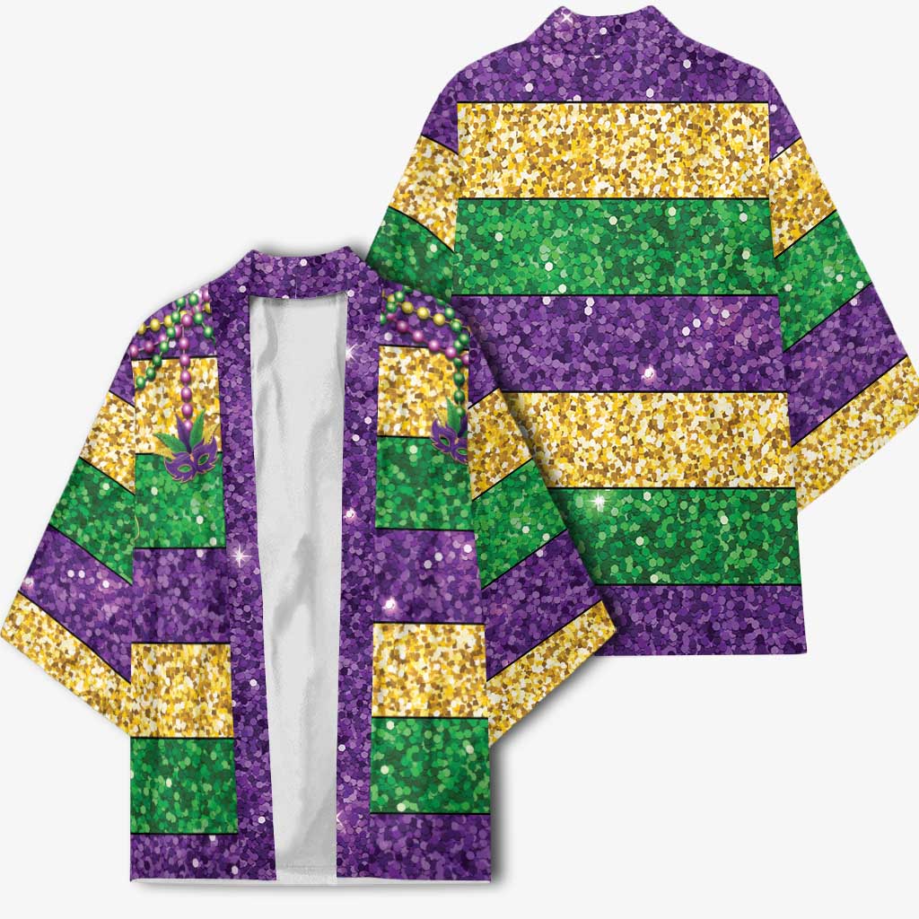 Mardi Gras Stripes Kimono Carnival Beads & Masks