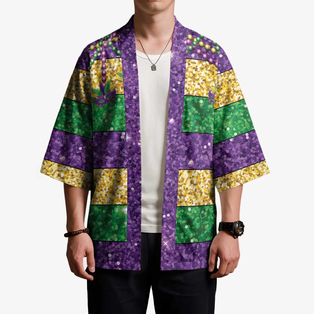 Mardi Gras Stripes Kimono Carnival Beads & Masks