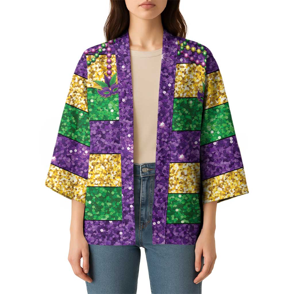 Mardi Gras Stripes Kimono Carnival Beads & Masks