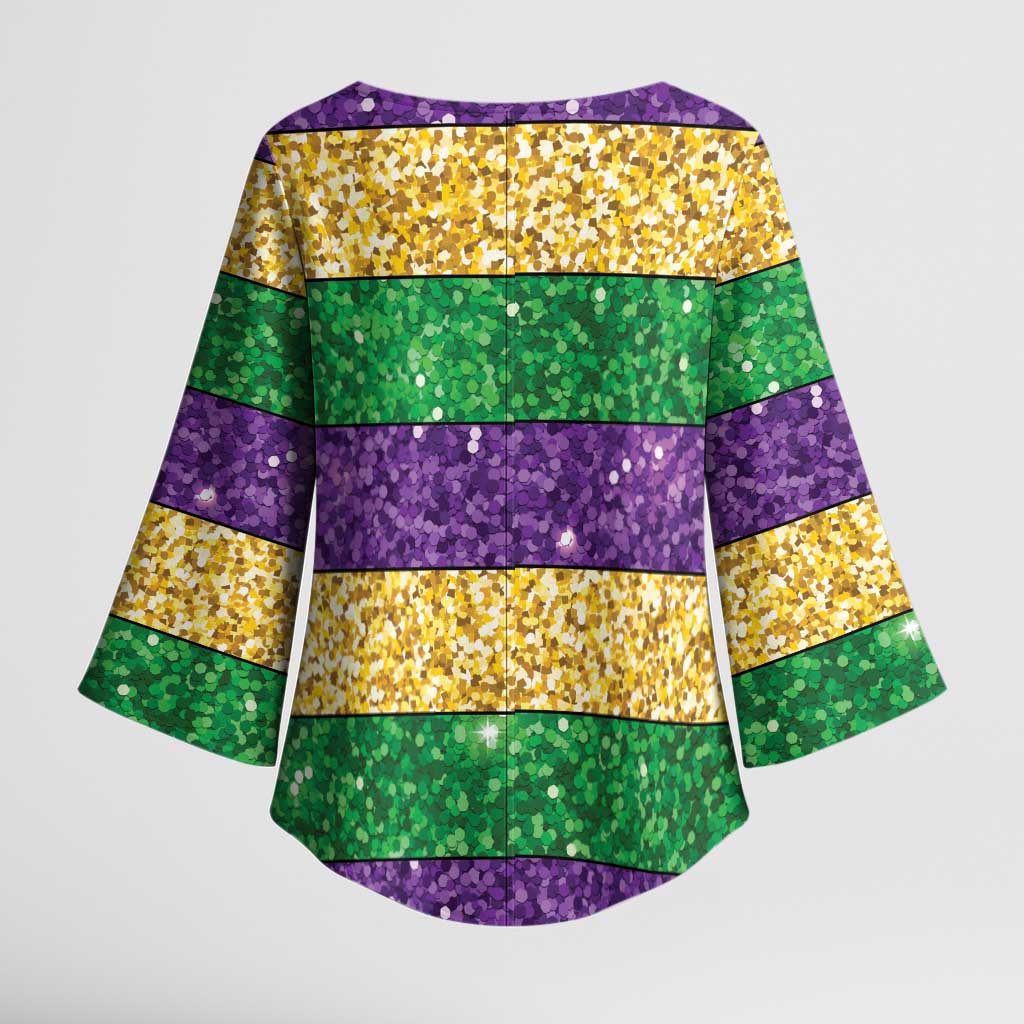 Mardi Gras Stripes Kimono Sleeve Blouse Carnival Beads & Masks