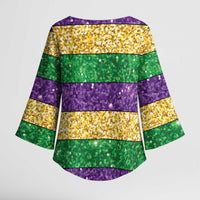 Mardi Gras Stripes Kimono Sleeve Blouse Carnival Beads & Masks