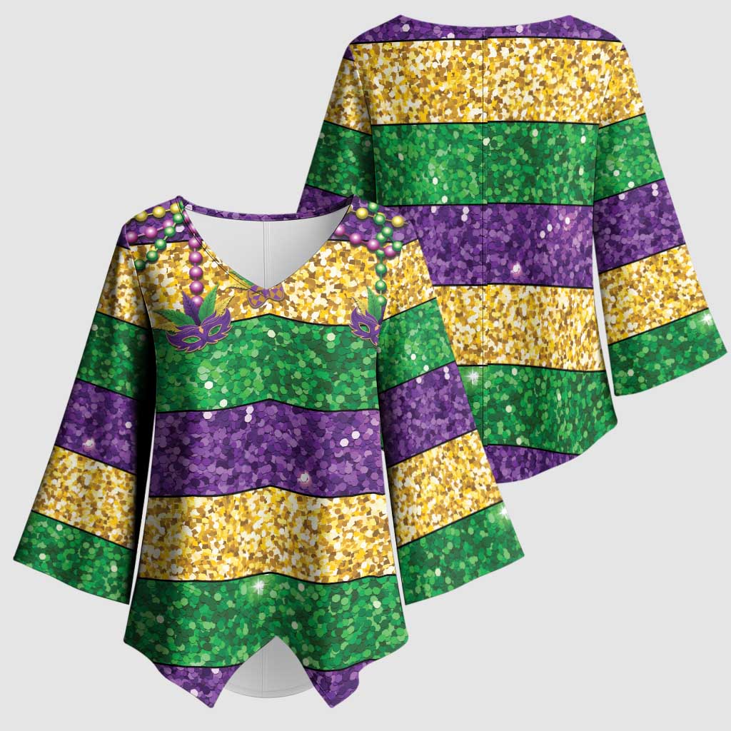 Mardi Gras Stripes Kimono Sleeve Blouse Carnival Beads & Masks