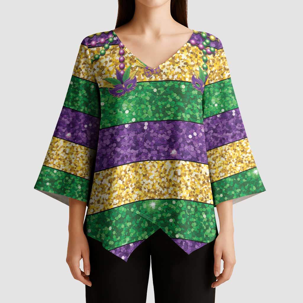 Mardi Gras Stripes Kimono Sleeve Blouse Carnival Beads & Masks