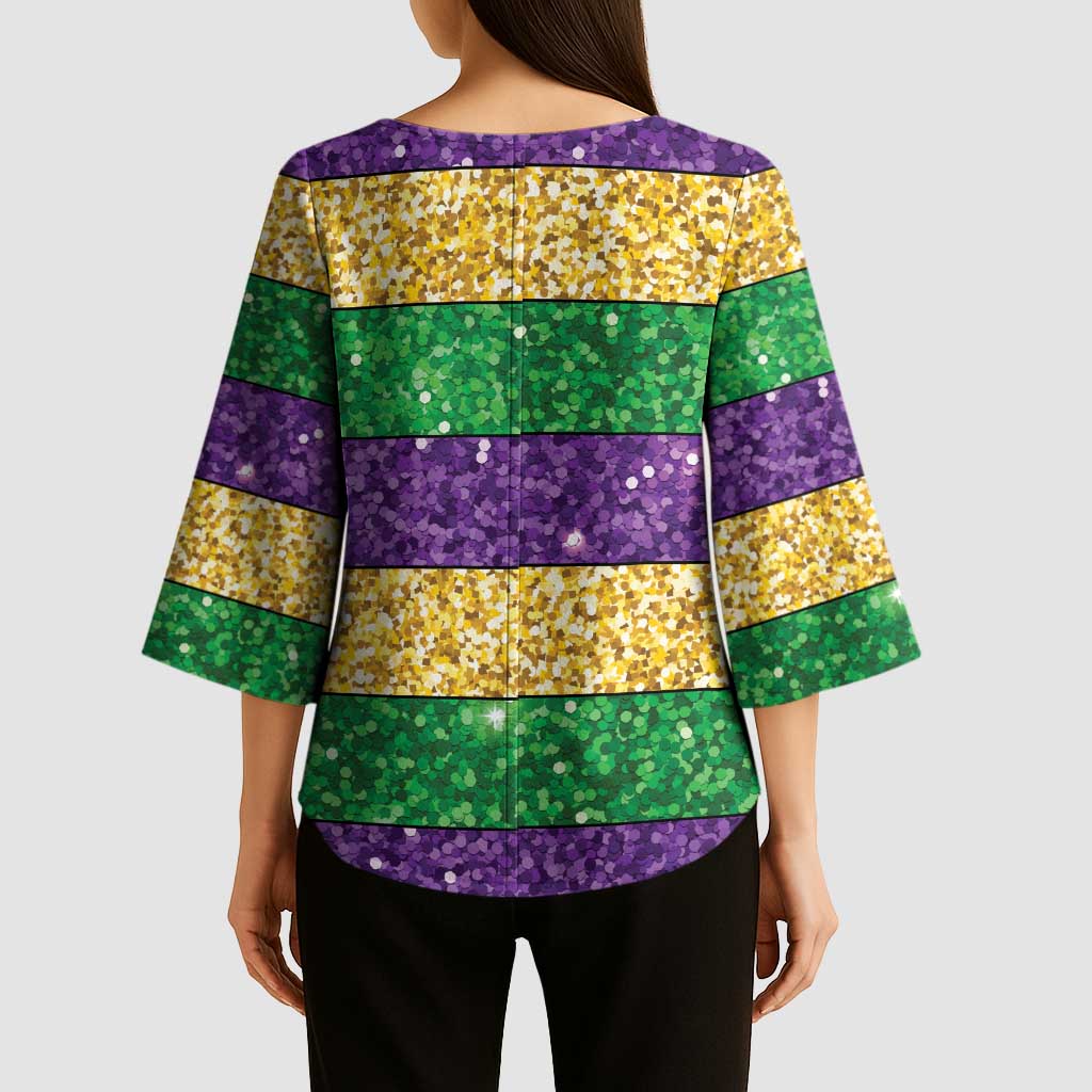 Mardi Gras Stripes Kimono Sleeve Blouse Carnival Beads & Masks