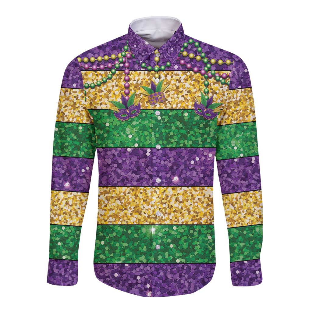 Mardi Gras Stripes Long Sleeve Button Shirt Carnival Beads & Masks