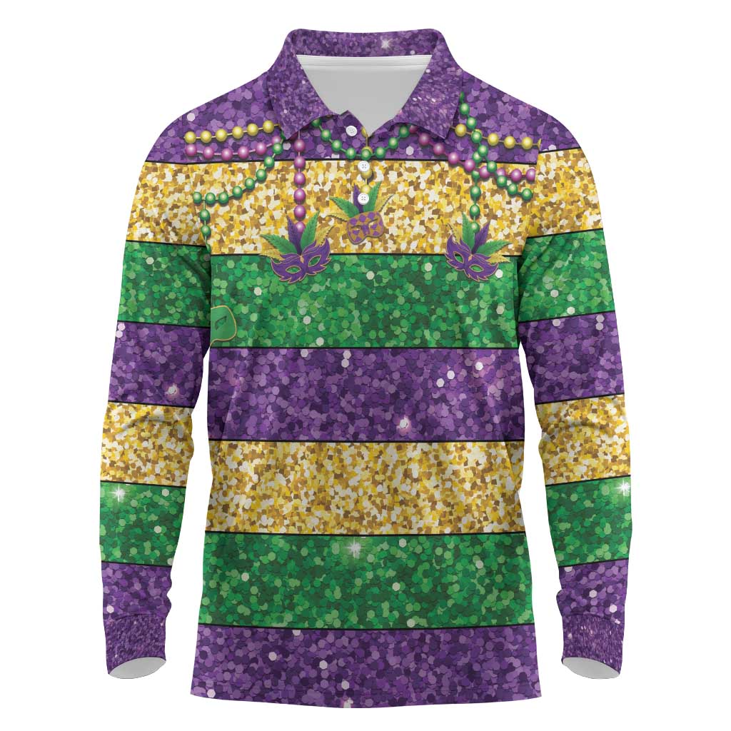 Mardi Gras Stripes Long Sleeve Polo Shirt Carnival Beads & Masks
