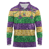 Mardi Gras Stripes Long Sleeve Polo Shirt Carnival Beads & Masks