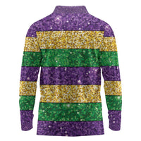 Mardi Gras Stripes Long Sleeve Polo Shirt Carnival Beads & Masks