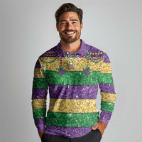 Mardi Gras Stripes Long Sleeve Polo Shirt Carnival Beads & Masks