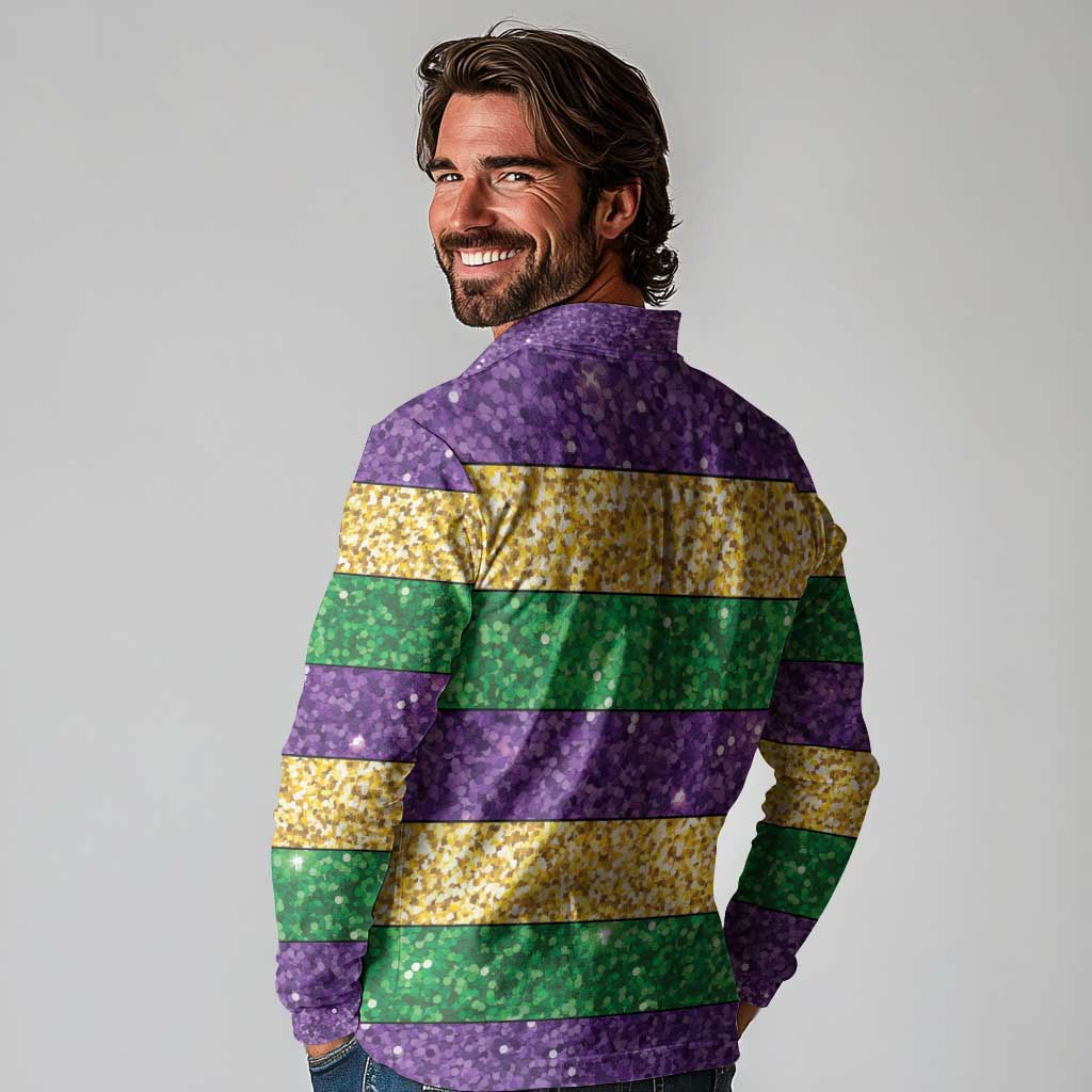 Mardi Gras Stripes Long Sleeve Polo Shirt Carnival Beads & Masks