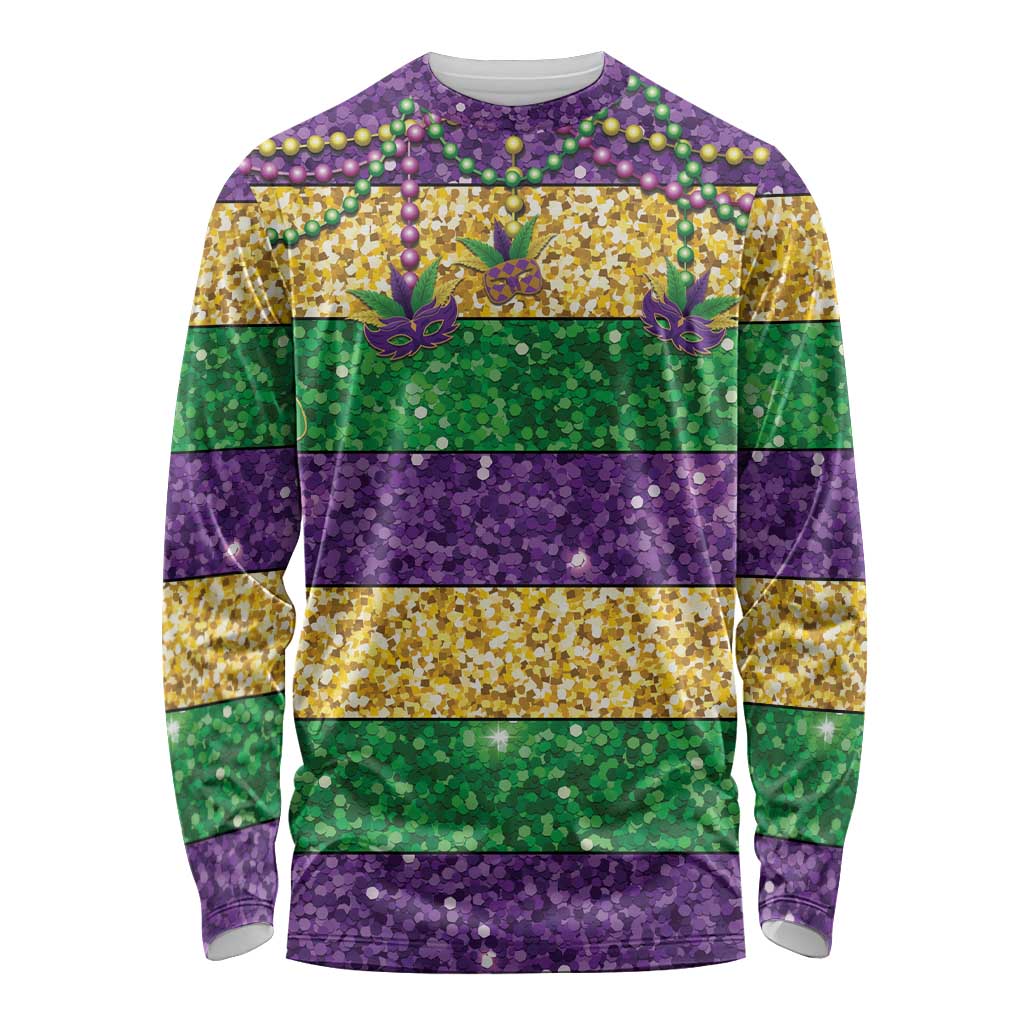 Mardi Gras Stripes Long Sleeve Shirt Carnival Beads & Masks