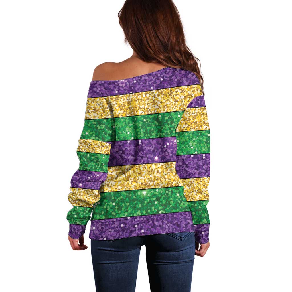 Mardi Gras Stripes Off Shoulder Sweater Carnival Beads & Masks