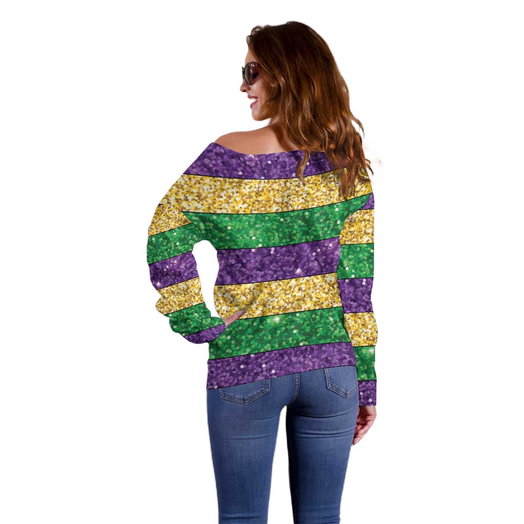 Mardi Gras Stripes Off Shoulder Sweater Carnival Beads & Masks