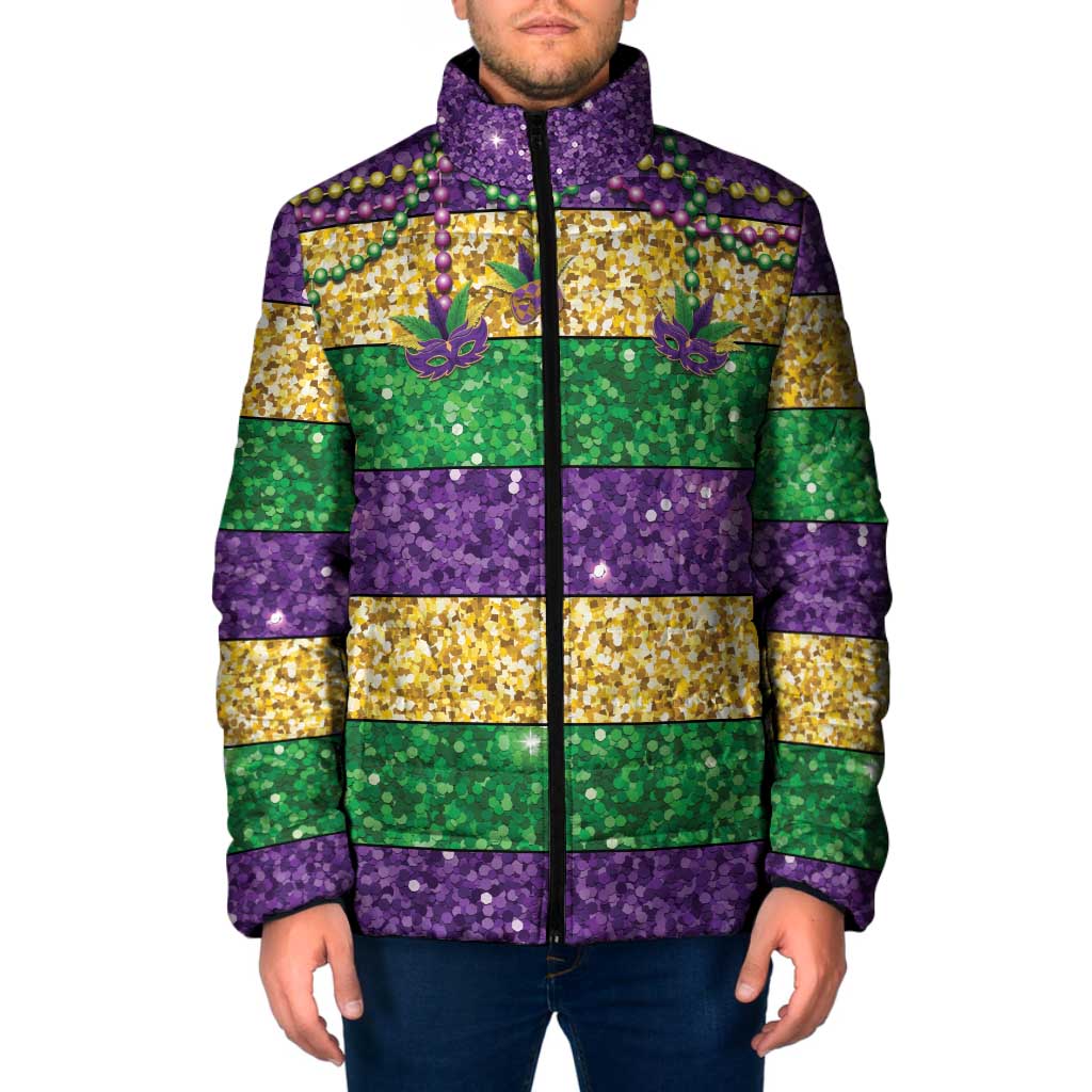 Mardi Gras Stripes Padded Jacket Carnival Beads & Masks