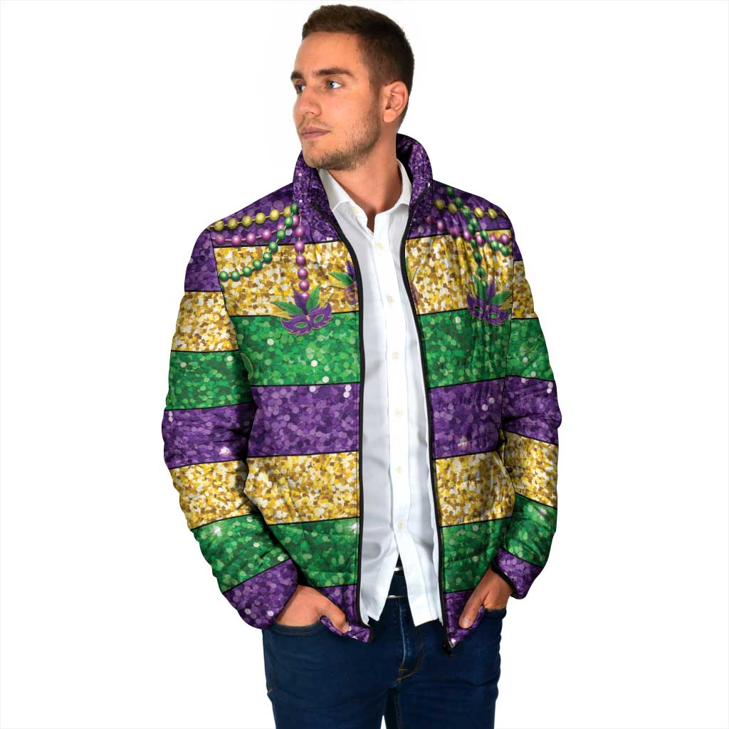 Mardi Gras Stripes Padded Jacket Carnival Beads & Masks