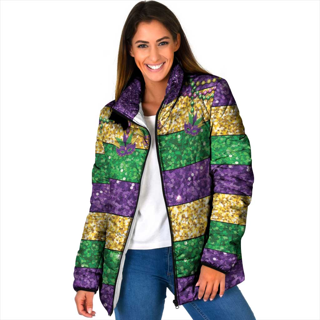 Mardi Gras Stripes Padded Jacket Carnival Beads & Masks