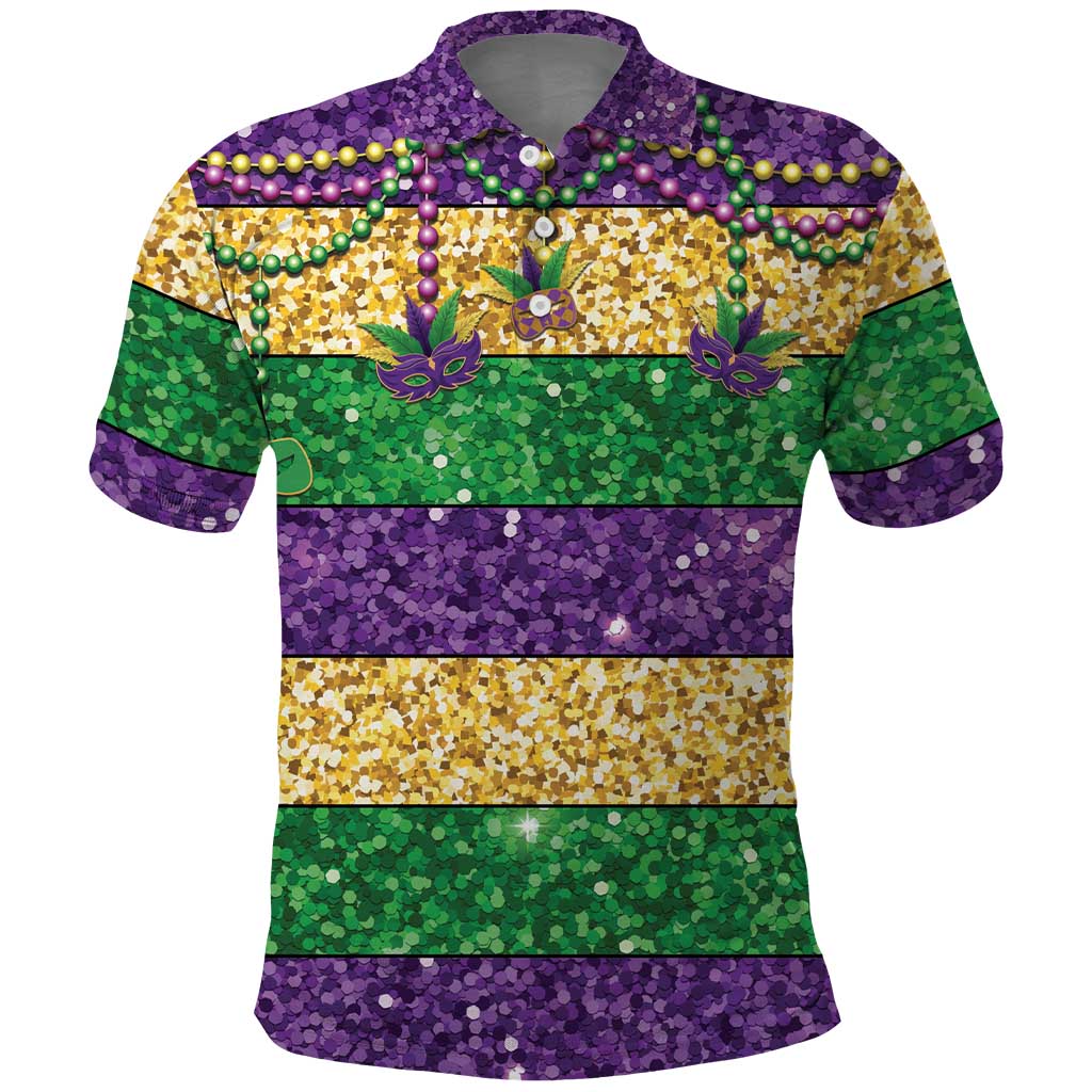 Mardi Gras Stripes Polo Shirt Carnival Beads & Masks