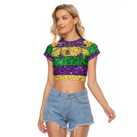 Mardi Gras Stripes Raglan Cropped T Shirt Carnival Beads & Masks