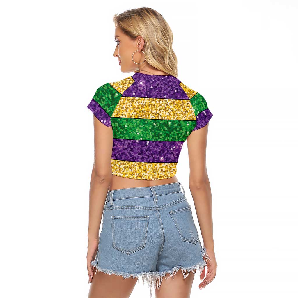 Mardi Gras Stripes Raglan Cropped T Shirt Carnival Beads & Masks