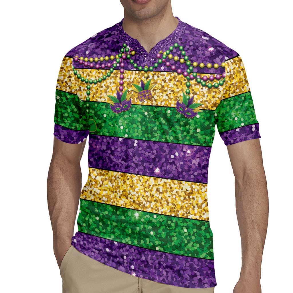 Mardi Gras Stripes Rugby Jersey Carnival Beads & Masks