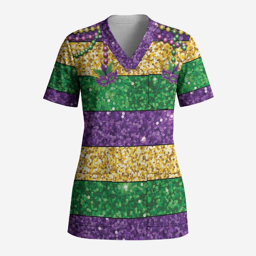 Mardi Gras Stripes Scrub Top Carnival Beads & Masks