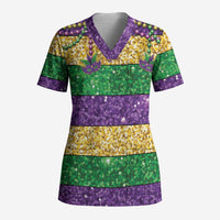 Mardi Gras Stripes Scrub Top Carnival Beads & Masks