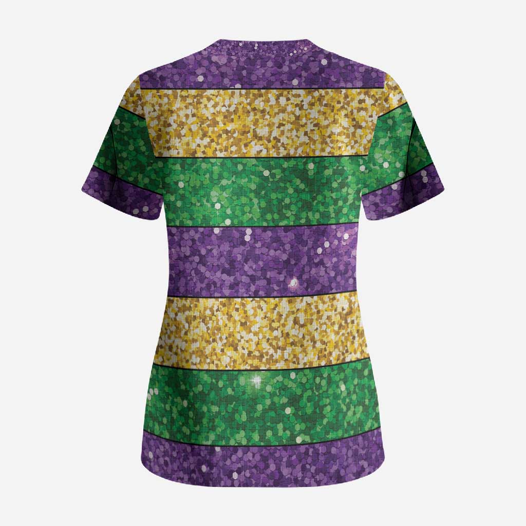 Mardi Gras Stripes Scrub Top Carnival Beads & Masks