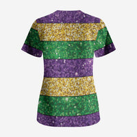 Mardi Gras Stripes Scrub Top Carnival Beads & Masks