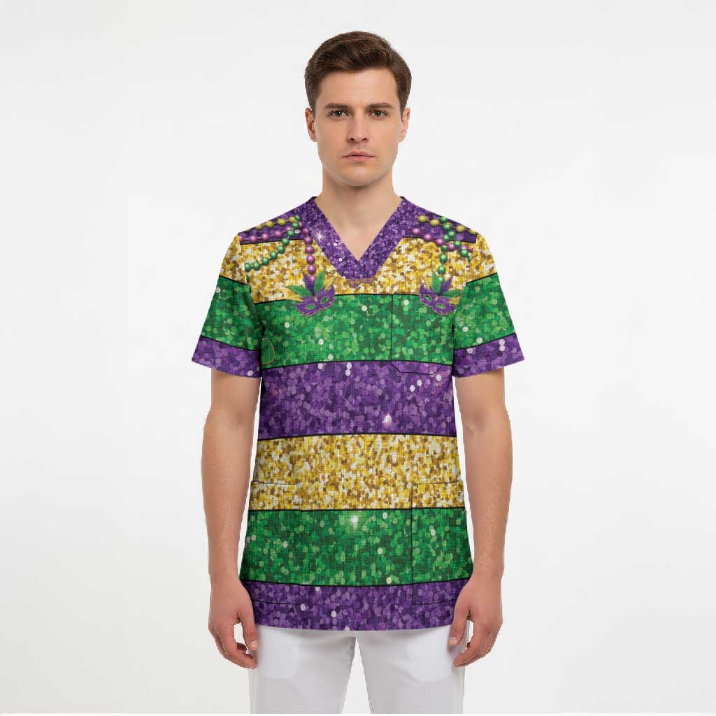 Mardi Gras Stripes Scrub Top Carnival Beads & Masks
