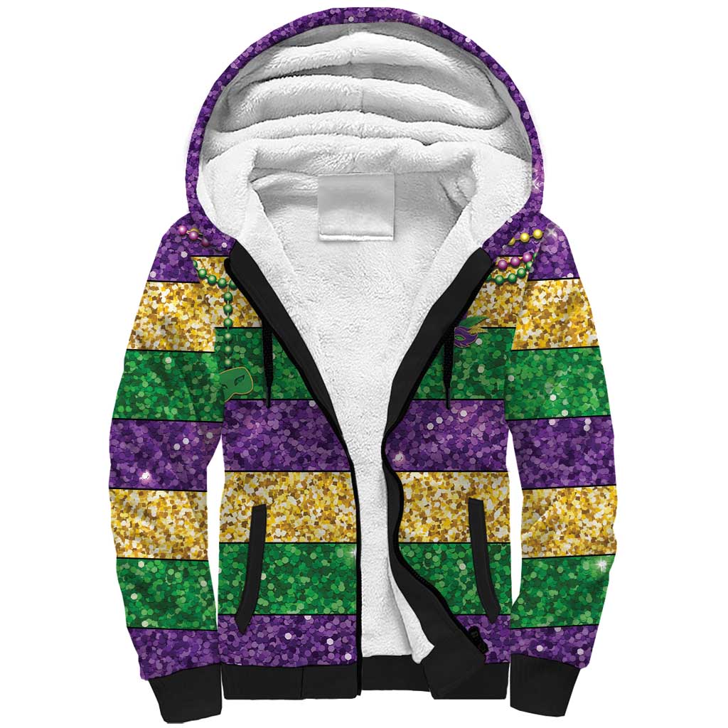 Mardi Gras Stripes Sherpa Hoodie Carnival Beads & Masks